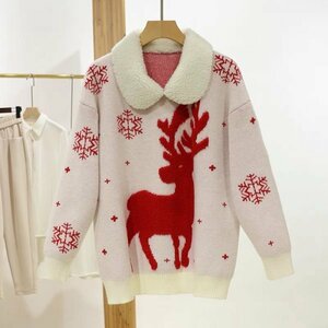 yh レディーストップス　ニット セーター チュニック 織り込みトナカイ柄 暖かい ゆったり ホワイト クリスマス