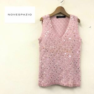 O493-K◆NOVESPAZIO ノーベスパジオ スパンコールニットベスト◆size38 ピンク 総スパンコール ビーズ 光沢 アンゴラブレンド カジュアル