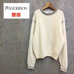 O93-K◆良品 JW ANDERSON×UNQLO JWアンダーソン×ユニクロ 長袖ニットトップス◆sizeL オフ白 ウール100% ステッチデザイン カジュアル