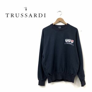 O567-O◆ TRUSSARDI トラサルディ スウェット トレーナー ロゴ刺繍 バックプリント トップス◆sizeM コットン ブラック 黒