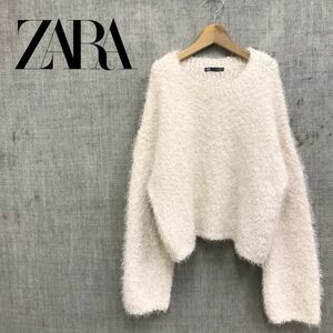 O1055-R◆ZARA ザラ エコファーショートトップス◆サイズL レディース 秋冬 ふわふわ ガーリー ゆったり ホワイト ポリエステル