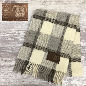 O968-K◆良品 イギリス製 Green Grove Weavers グリーングローブウェーバー ウールマフラー◆オフ白×ブラウン チェック ウール100% 小物