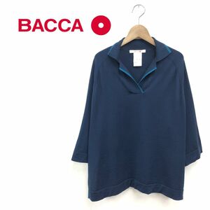 O942-K◆良品 BACCA バッカ 7分袖スキッパーニットトップス◆sizeS ネイビー ウール100% 薄手 サイドスリット ポンチョ風 バイカラー