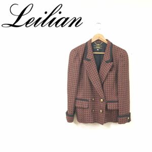 O1875-F-N◆ 美品 ◆ Leilian レリアン ダブル テーラードジャケット 総裏 ◆ size7 ウール100 レッド 総柄 古着 レディース 秋冬