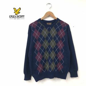 O1720-T◆Lyle&Scott ライルアンドスコット ニット セーター ロングスリーブ アーガイル柄◆size16 ネイビー メンズ トップス ウール100