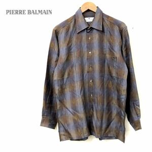 O2247-N◆old◆美品◆ PIERRE BALMAIN ピエールバルマン 長袖シャツ ロゴ刺繍 ジャガード ◆sizeM ベージュ ブラウン テンセル100