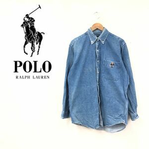 O2068-F◆ POLO RALPH LAUREN ポロラルフローレン ポロベア デニムシャツ ボタンダウン ◆ sizeS コットン100 インディゴブルー 古着 秋冬