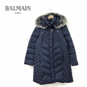 O2457-M◆BALMAIN バルマン ダウンコート ◆sizeM ネイビー 秋冬 レディース ジャケット ファー ロング丈