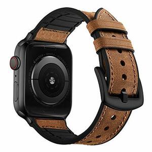 OUHENG Apple Watchバンド45mm 44mm 42mm、汗に強い本革とゴム製ハイブリッドバンドストラップと互換性があり、　(shin