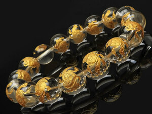 Art hand Auction Genbu Golden Engraved Crystal Round Bead Bracelet 12mm [1 Piece Sold] / 9-32 CQCQ12BSGB, beadwork, beads, natural stone, semi-precious stones