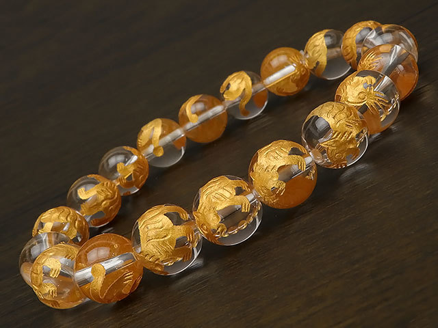 White Tiger Gold Carved Crystal Round Bead Bracelet 10mm No.2 [Sold individually] / 9-93 CQ10BSBKG, Beadwork, beads, Natural Stone, Semi-precious stones