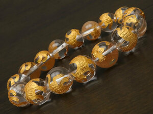 Art hand Auction Byakko Golden Engraved Crystal Round Ball Bracelet 12mm No.2 [1 Piece Sold] / 9-94 CQ12BSBKG, beadwork, beads, natural stone, semi-precious stones