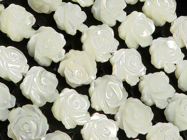 マザーオブパール ホワイト 薔薇彫刻 8mm【1連販売】/ 9-103 SH8RS, ビーズ細工, ビーズ, 天然石, 半貴石