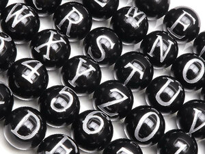 Art hand Auction Onyx Alphabet Silver Carved Round Beads 8mm A~Z & 0~9 [Sold as a single string] / 2-10 OXBK8AS, Beadwork, beads, Natural Stone, Semi-precious stones