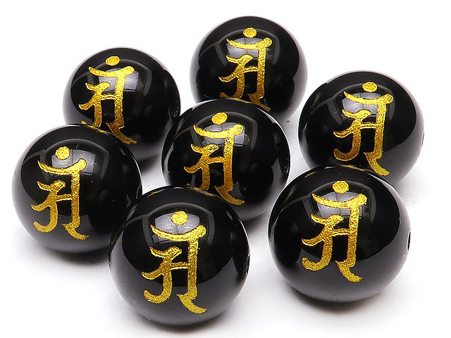 粒販売 梵字(アン)金色彫刻 オニキス 丸玉 14mm 6粒販売 / T061 OX14BJAN, ビーズ細工, ビーズ, 天然石, 半貴石