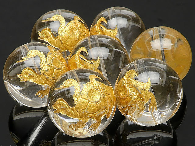 Grain Sales Genbu Golden Engraved Crystal Round Ball 16mm 2 Pieces Sale / T031 CQCQ16GB, beadwork, beads, natural stone, semi-precious stones