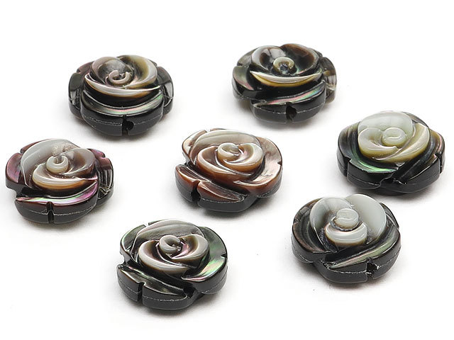 Grain sales Black shell rose sculpture 10mm [5 grains sold] / T005 SH10RZ, beadwork, beads, natural stone, semi-precious stones