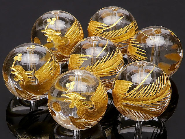 Boule de cristal sculptée en or Suzaku 14 mm 2 pièces / T108 CQCQ14SG, Perlage, perles, Pierre naturelle, Pierres semi-précieuses