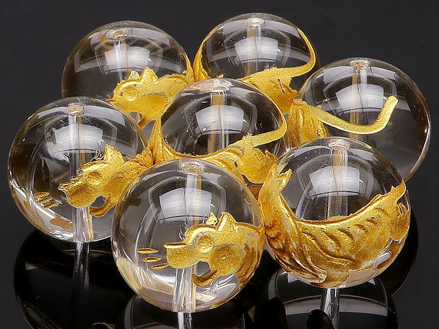 白虎金雕水晶球 16 毫米 2 件出售 / T113 CQCQ16BCG, 珠饰, 珠子, 天然石材, 半宝石