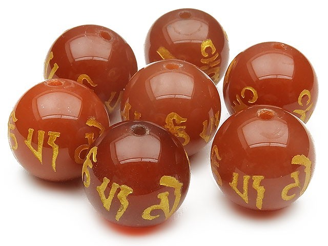 Red agate ball with golden engraving of the six-syllable mantra, 14mm, 8 pieces for sale / T101 AG14J6, Beadwork, beads, Natural Stone, Semi-precious stones