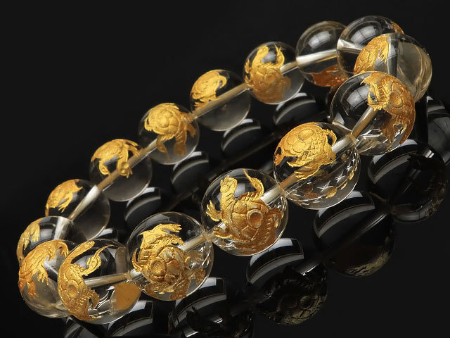 Genbu 黄金雕刻水晶圆珠手链 14 毫米 [单独出售] / 9-29 CQCQ14BSGB, 珠饰, 珠子, 天然石材, 半宝石