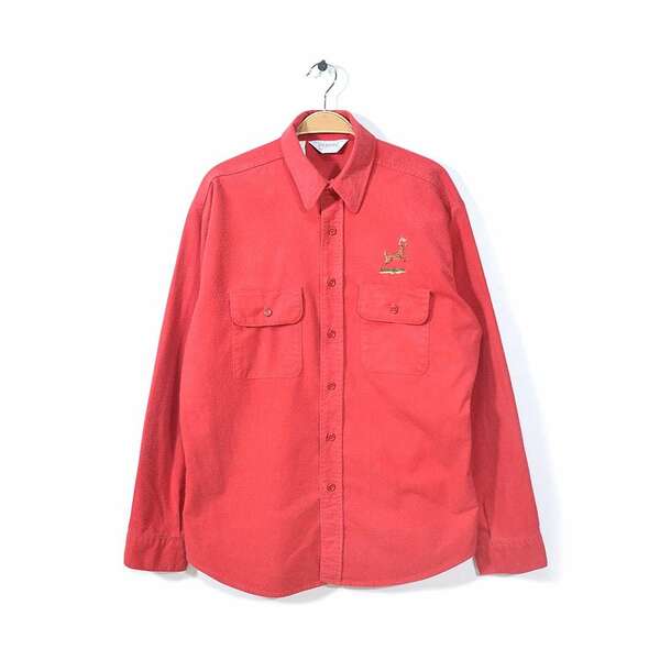 【送料無料】80s ファイブブラザー USA製 鹿刺繍 ヴィンテージ シャモアクロスシャツ 赤 ネルシャツ FIVE BROTHER メンズL 古着 @CA1133