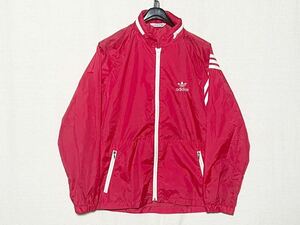 【美品】'70 '80 adidas アディダス ナイロン ジャケット ウィンドブレーカー フード付き M ビンテージ レッド×ホワイト デサント