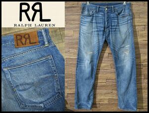 送無 W36 定価48,000 極美品 USA製 RRL DOUBLE RL ダブルアールエル LOW STRAIGHT ダメージ USED加工 ストレート セルビッチ デニム パンツ