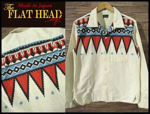 送無 THE FLAT HEAD フラットヘッド ZT-SCO-002L NATIVE PRINT CORDUROY SHIRT 長袖 ネイティブ コーデュロイ オープンカラー シャツ 白 40