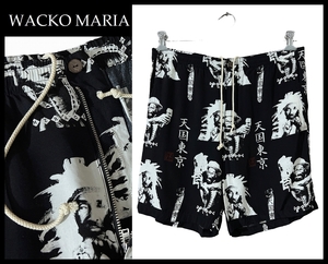 送料無料 美品 WACKO MARIA ワコマリア LEE PERRY リー ペリー 17ss 天国東京 レーヨン ハワイアン アロハ ショーツ ショート パンツ 黒 L