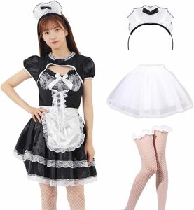 送料無料 新品 コスプレ メイド服 Mサイズ メイド 網タイツ パニエ付 文化祭 学園祭 C034