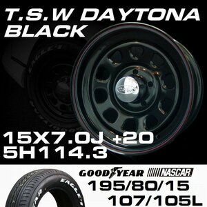 □ ティファクトリー TSW DAYTONA デイトナ ブラック 15×7J+20 5穴 114.3 グッドイヤー NASCAR 195/80R15 ホワイトレター タイヤ セット