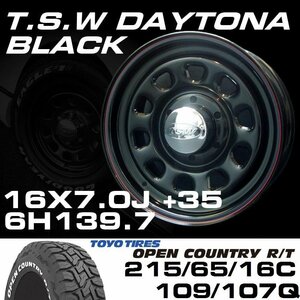 ● TSW デイトナ ブラック 16×7J +35 6穴139.7 TOYO OPEN COUNTRY R/T 215/65R16C ホワイトレター タイヤ セット 200系 ハイエース