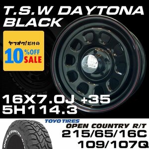 ▼ TSW デイトナ ブラック 16×7J +35 5穴 114.3 + トーヨー TOYO OPEN COUNTRY R/T 215/65R16C ホワイトレター ホイール&タイヤセット