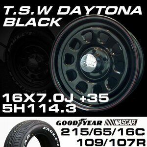 ▼ TSW デイトナ ブラック 16×7J +35 5穴 114.3 + グッドイヤー ナスカー 215/65R16C ホワイトレター タイヤ セット 100系 ハイエース