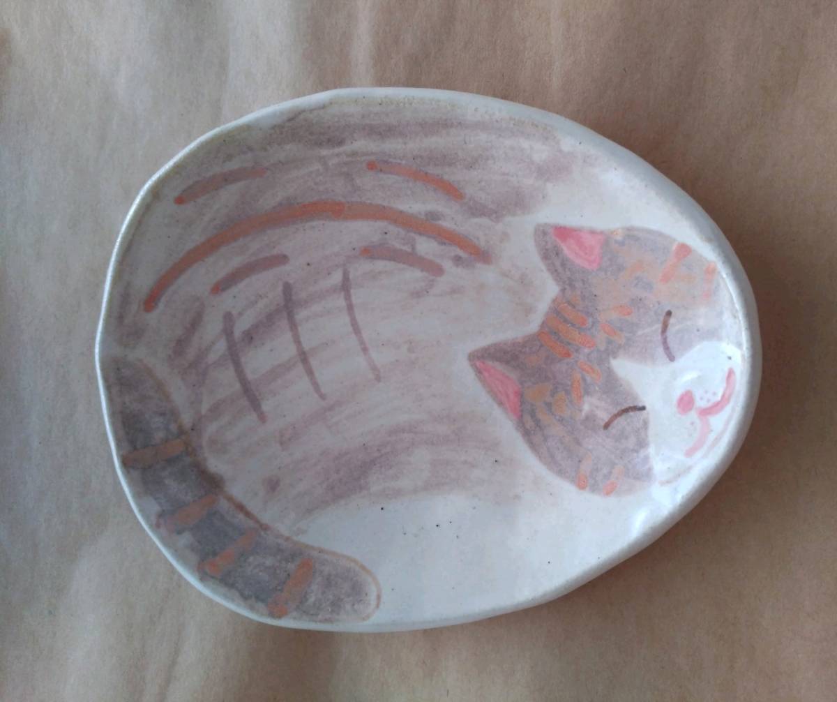 Mitoro Seto Ware Keramik-Katzenbildteller handgefertigt, handgemachte Werke, Innere, verschiedene Waren, Ornament, Objekt