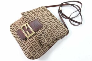 FENDI フェンディ ズッキーノ FF ロゴ ショルダーバッグ 斜め掛け ポシェット マグ開閉 キャンバス×レザー ゴールド金具 ブラウン 8860-HA