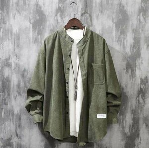 立ち襟 長袖シャツ メンズシャツ コーデュロイ カジュアルシャツ 春物 秋服 トップス カーキグリーン 3XL