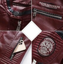 秋冬 刺繍厚手 裏起毛高級PU メンズレザージャケット ライダースジャケット バイクジャケット ブルゾン 革ジャン 3色 紺_画像7