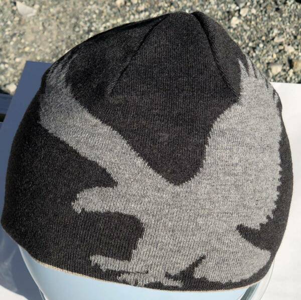 年代物 レア アメリカン イーグル American Eagle ニット キャップ CAP 帽子 M/Lサイズ ? リバーシブル カーキ ボーダー グレー　送料無料