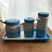 未使用品 昭和レトロポップ PASTEL COOK 調味料入れセット 陶器製 水色 可愛い 当時物 キッチン用品 雑貨 レア アンティーク ビンテージ_画像7