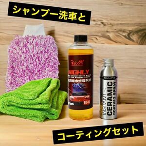 洗車 コーティングセット カーシャンプー原液500ml ソフト洗車手袋Rantizセラミックコーティング150ml マイクロファイバータオル グリーン