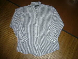 208-55♂：　MICHIKO LONDON ミチコ ロンドン　シアサッカーシャツ　長袖　size.LL　色.青ストライプ　