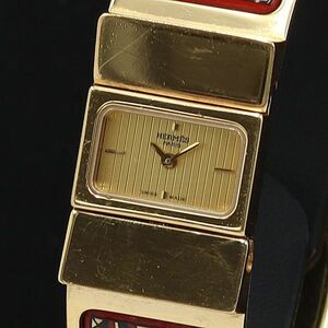 1円 稼働 良品 エルメス QZ L01.201 ロケ バングルウォッチ 七宝焼き ゴールド文字盤 レディース腕時計 6085200YSD