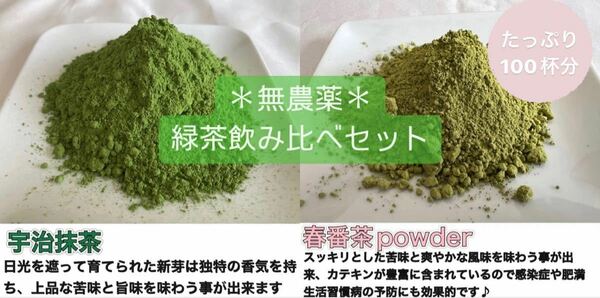 【無農薬】【粉末】【緑茶飲み比べ】抹茶20g(約20杯分)・春番茶パウダー100g(約100杯分) 化学肥料・除草剤・畜産堆肥不使用　2023年産