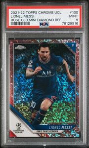 2021-2022 TOPPS CHROME UEFA CHAMPIONS LEAGUE 100 LIONEL MESSI ROSE GOLD MINI DIAMOND REFRACTOR psa 9