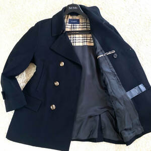 ピュアカシミヤ入XL.LL!BURBERRY LONDONナポレオンコート金メタル釦ノバチェック柄マリンPコート黒ブラック大きいサイズバーバリーロンドン