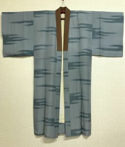  gentleman kimono. long kimono-like garment . silk .. ash blue color .. pattern number . tea color. neckpiece attaching stylish remake . cosplay also storage goods 
