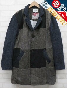 3J2430/yoused ハリスツイード パッチワークチェスターコート ユーズド HARRIS TWEED 再構築 リメイク