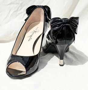  Ginza Kanematsu pumps heel ribbon black enamel 24.5cm